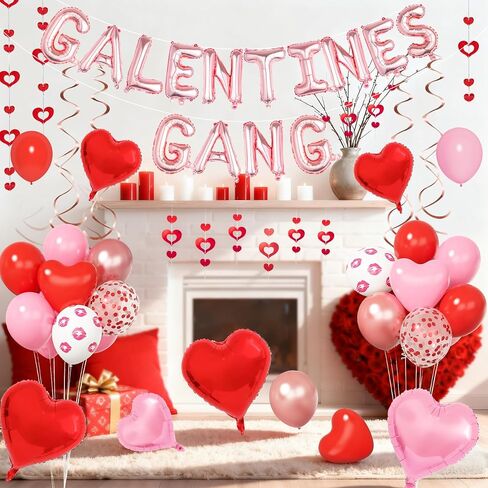 Galentines Day Decorations Galentines Gang Balloon Banner Red Pink Rose Gold Heart Shaped Foil Confetti Printed Balloons Double Hanging Swirl for Girls Ladies Bachelorette Valentine Day Party Supplies in Saudi Arabia