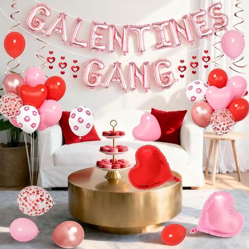 Galentines Day Decorations Galentines Gang Balloon Banner Red Pink Rose Gold Heart Shaped Foil Confetti Printed Balloons Double Hanging Swirl for Girls Ladies Bachelorette Valentine Day Party Supplies in Saudi Arabia