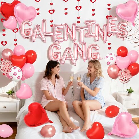 Galentines Day Decorations Galentines Gang Balloon Banner Red Pink Rose Gold Heart Shaped Foil Confetti Printed Balloons Double Hanging Swirl for Girls Ladies Bachelorette Valentine Day Party Supplies in Saudi Arabia