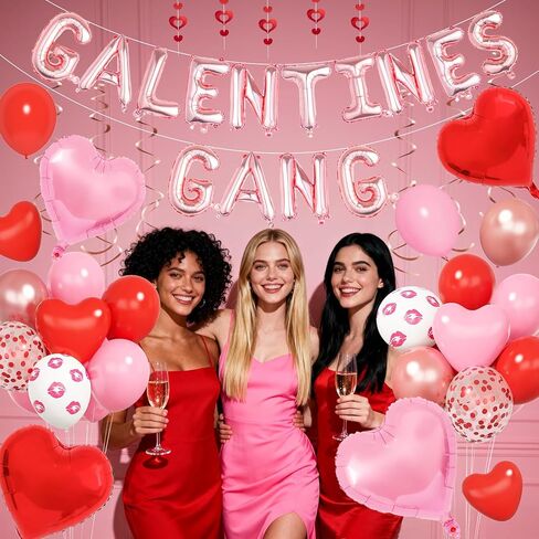 Galentines Day Decorations Galentines Gang Balloon Banner Red Pink Rose Gold Heart Shaped Foil Confetti Printed Balloons Double Hanging Swirl for Girls Ladies Bachelorette Valentine Day Party Supplies in Saudi Arabia