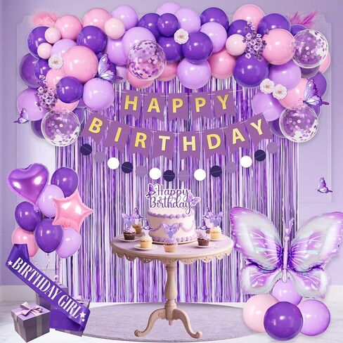 زينة عيد ميلاد أرجوانية للنساء، ستائر ذات أهداب لافتة عيد ميلاد سعيد، بالونات حمراء، أغطية الكعكة للفتيات in Kuwait