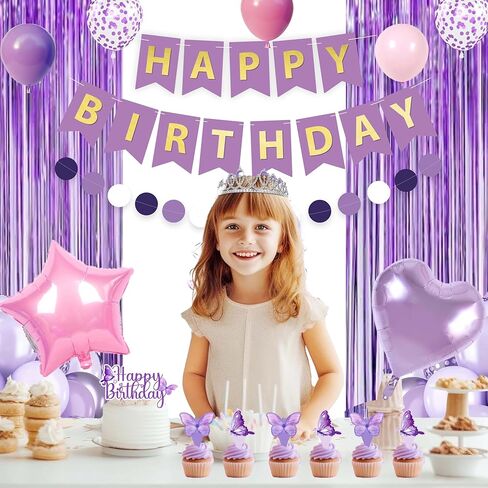 زينة عيد ميلاد أرجوانية للنساء، ستائر ذات أهداب لافتة عيد ميلاد سعيد، بالونات حمراء، أغطية الكعكة للفتيات in Kuwait