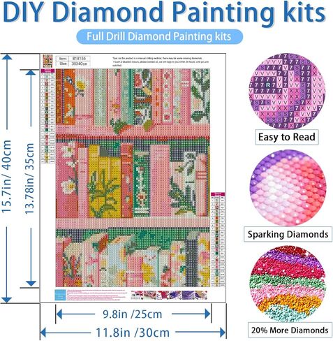 NWQZBYHT رف الكتب 5D الماس مجموعات الرسم للبالغين، كتاب مجموعات الفن الماس للبالغين، DIY جولة الحفر الكامل النقاط الماس جوهرة اللوحة للمبتدئين صورة الحرف ديكور جدار المنزل 12 × 16 بوصة in Kuwait