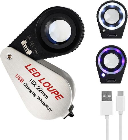 15X Jewelers Loupe with LED & UV Light - Rechargeable Pocket Loupe Magnifier with 22mm Triplet Lens Metal Construction, Illuminated Jewelry Loop Magnifying Glass for Jewelers, Watch Repair, Hobbyists in Kuwait