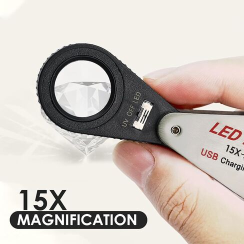 15X Jewelers Loupe with LED & UV Light - Rechargeable Pocket Loupe Magnifier with 22mm Triplet Lens Metal Construction, Illuminated Jewelry Loop Magnifying Glass for Jewelers, Watch Repair, Hobbyists in Kuwait
