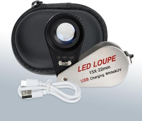 15X Jewelers Loupe with LED & UV Light - Rechargeable Pocket Loupe Magnifier with 22mm Triplet Lens Metal Construction, Illuminated Jewelry Loop Magnifying Glass for Jewelers, Watch Repair, Hobbyists in Kuwait