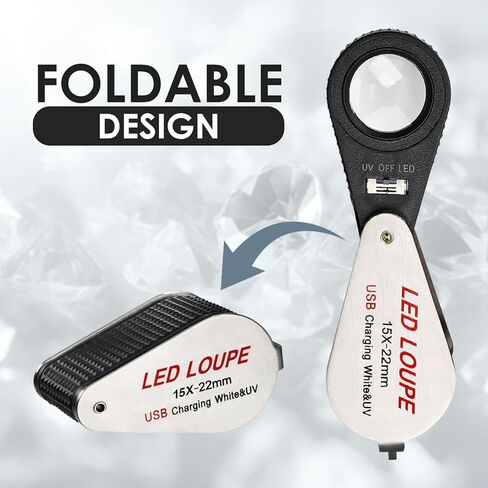 15X Jewelers Loupe with LED & UV Light - Rechargeable Pocket Loupe Magnifier with 22mm Triplet Lens Metal Construction, Illuminated Jewelry Loop Magnifying Glass for Jewelers, Watch Repair, Hobbyists in Kuwait