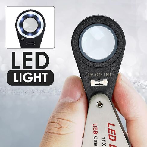 15X Jewelers Loupe with LED & UV Light - Rechargeable Pocket Loupe Magnifier with 22mm Triplet Lens Metal Construction, Illuminated Jewelry Loop Magnifying Glass for Jewelers, Watch Repair, Hobbyists in Kuwait