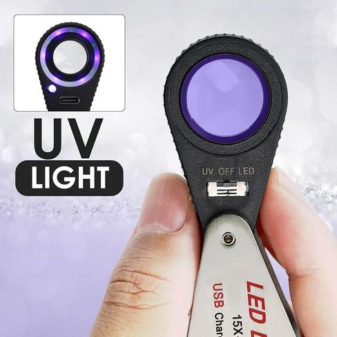 15X Jewelers Loupe with LED & UV Light - Rechargeable Pocket Loupe Magnifier with 22mm Triplet Lens Metal Construction, Illuminated Jewelry Loop Magnifying Glass for Jewelers, Watch Repair, Hobbyists in Kuwait