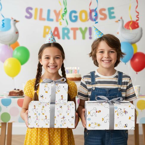 Cheerland 12 Sheets Birthday Party Silly Goose Wrapping Paper with 12 Gift Tags, Funny Gift Wrap One Silly Goose Go Duck Supplies Farm Themed Cute Boys Girls Baby Shower Wrap for Kids & Garden Party in Saudi Arabia