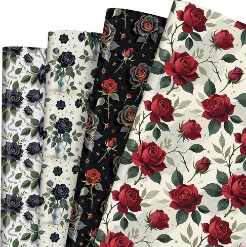 Liobelon Gothic Rose Wrapping Paper - 12 Sheets Dark Black & Red Roses Designs, Horror Goth Aesthetic Flower Gift Wrap for Gothic Birthday, Wedding, Anniversary, Mother's Day, 19.7 x 27.6 In. in Saudi Arabia