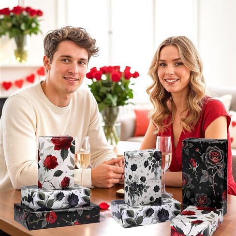 Liobelon Gothic Rose Wrapping Paper - 12 Sheets Dark Black & Red Roses Designs, Horror Goth Aesthetic Flower Gift Wrap for Gothic Birthday, Wedding, Anniversary, Mother's Day, 19.7 x 27.6 In. in Saudi Arabia