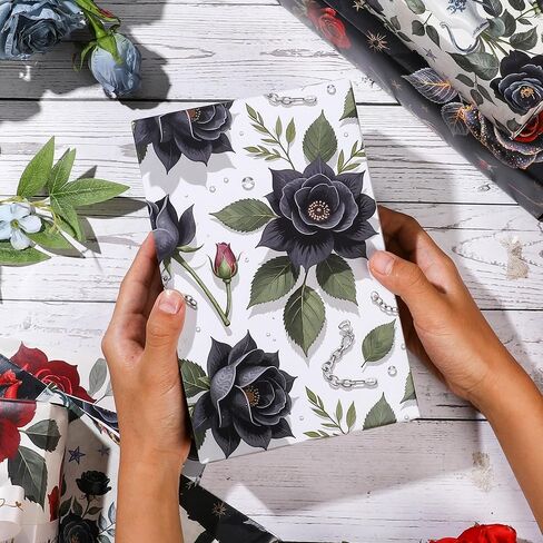 Liobelon Gothic Rose Wrapping Paper - 12 Sheets Dark Black & Red Roses Designs, Horror Goth Aesthetic Flower Gift Wrap for Gothic Birthday, Wedding, Anniversary, Mother's Day, 19.7 x 27.6 In. in Saudi Arabia