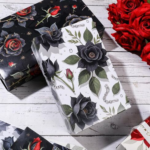 Liobelon Gothic Rose Wrapping Paper - 12 Sheets Dark Black & Red Roses Designs, Horror Goth Aesthetic Flower Gift Wrap for Gothic Birthday, Wedding, Anniversary, Mother's Day, 19.7 x 27.6 In. in Saudi Arabia