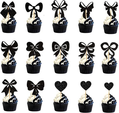 26PCS Black Cupcake Toppers Set - 14 Glitter Hearts & 12 Bows, Coquette Bowknot Dessert Toppers Cocktail Picks for Birthday Baby Shower Wedding Bachelorette Graduation Party Decorations (Black) in Saudi Arabia