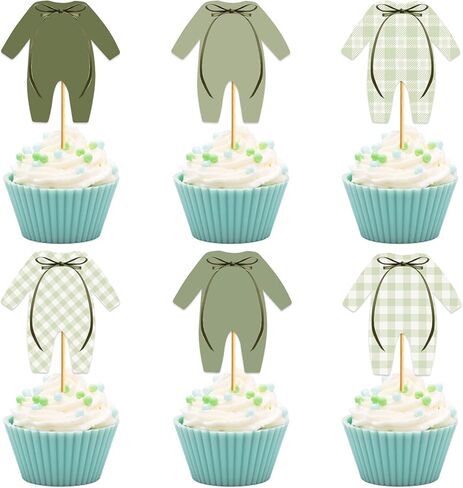 24 Pcs Green Bodysuit Cupcake Topper - Green Gingham Cupcake Topper Green's Baby Shower Decorations Girl Boy Baby Shower Decor in Saudi Arabia