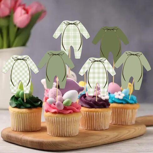 24 Pcs Green Bodysuit Cupcake Topper - Green Gingham Cupcake Topper Green's Baby Shower Decorations Girl Boy Baby Shower Decor in Saudi Arabia
