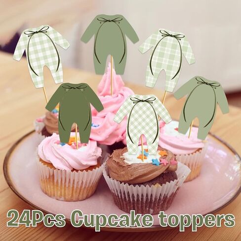 24 Pcs Green Bodysuit Cupcake Topper - Green Gingham Cupcake Topper Green's Baby Shower Decorations Girl Boy Baby Shower Decor in Saudi Arabia
