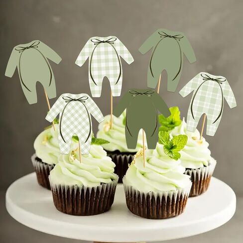24 Pcs Green Bodysuit Cupcake Topper - Green Gingham Cupcake Topper Green's Baby Shower Decorations Girl Boy Baby Shower Decor in Saudi Arabia