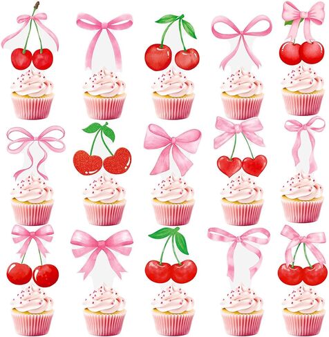 Cherry Bow Cupcake Toppers 48Pcs Pink Bow Cake Decorations Sweet Cherrties Cupcake Picks Summer Fruit Birthday Party Decorations for Girls Women Coquette Bachelorette Baby Shower Supplies in Saudi Arabia
