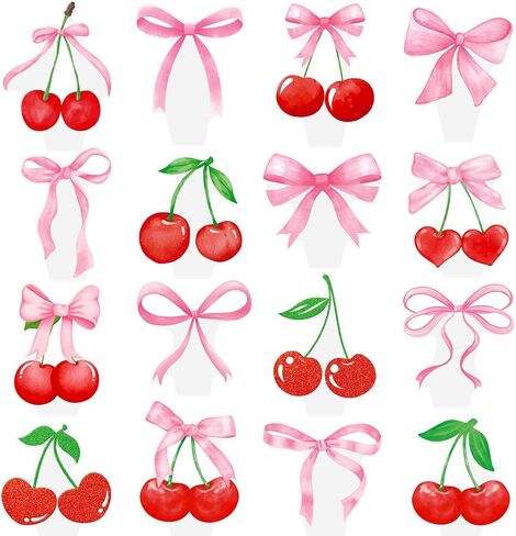 Cherry Bow Cupcake Toppers 48Pcs Pink Bow Cake Decorations Sweet Cherrties Cupcake Picks Summer Fruit Birthday Party Decorations for Girls Women Coquette Bachelorette Baby Shower Supplies in Saudi Arabia