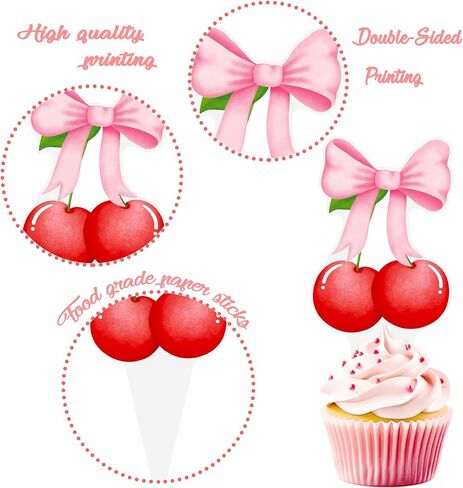 Cherry Bow Cupcake Toppers 48Pcs Pink Bow Cake Decorations Sweet Cherrties Cupcake Picks Summer Fruit Birthday Party Decorations for Girls Women Coquette Bachelorette Baby Shower Supplies in Saudi Arabia