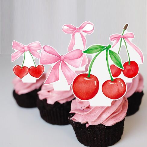 Cherry Bow Cupcake Toppers 48Pcs Pink Bow Cake Decorations Sweet Cherrties Cupcake Picks Summer Fruit Birthday Party Decorations for Girls Women Coquette Bachelorette Baby Shower Supplies in Saudi Arabia