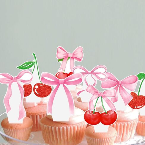 Cherry Bow Cupcake Toppers 48Pcs Pink Bow Cake Decorations Sweet Cherrties Cupcake Picks Summer Fruit Birthday Party Decorations for Girls Women Coquette Bachelorette Baby Shower Supplies in Saudi Arabia