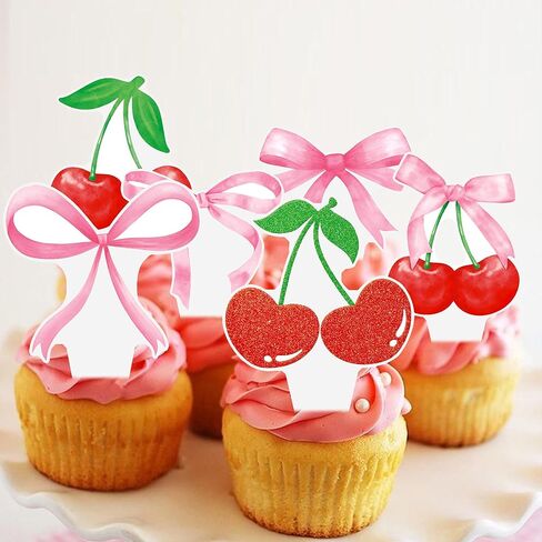 Cherry Bow Cupcake Toppers 48Pcs Pink Bow Cake Decorations Sweet Cherrties Cupcake Picks Summer Fruit Birthday Party Decorations for Girls Women Coquette Bachelorette Baby Shower Supplies in Saudi Arabia