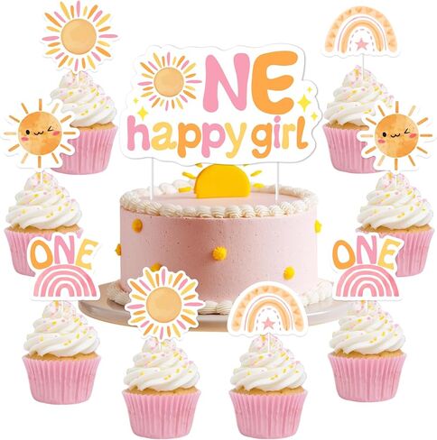 25Pcs One Happy Girl Cake Cupcake Toppers First Trip Around the Sun Decorations Rainbow Little Sunshine 1st Birthday Cake Decor Pink for Grils Groovy One Boho Sun Themed First Birthday Party Supplies in Saudi Arabia