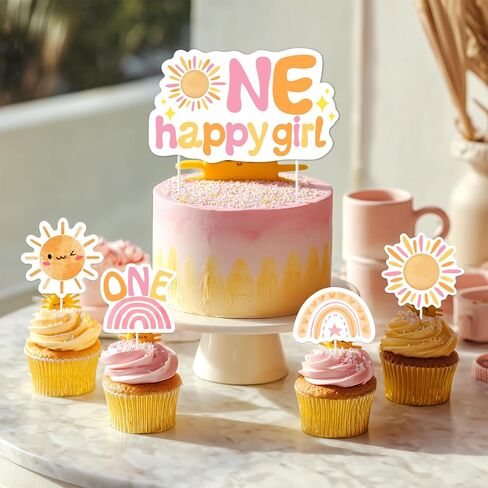 25Pcs One Happy Girl Cake Cupcake Toppers First Trip Around the Sun Decorations Rainbow Little Sunshine 1st Birthday Cake Decor Pink for Grils Groovy One Boho Sun Themed First Birthday Party Supplies in Saudi Arabia