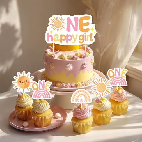 25Pcs One Happy Girl Cake Cupcake Toppers First Trip Around the Sun Decorations Rainbow Little Sunshine 1st Birthday Cake Decor Pink for Grils Groovy One Boho Sun Themed First Birthday Party Supplies in Saudi Arabia