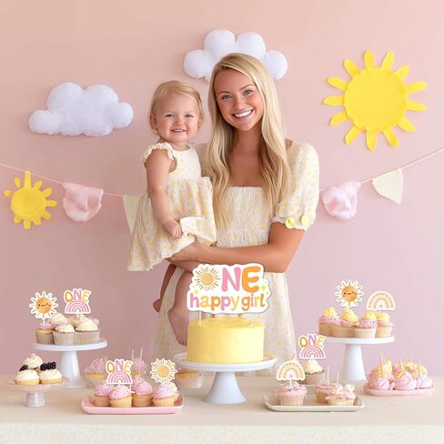 25Pcs One Happy Girl Cake Cupcake Toppers First Trip Around the Sun Decorations Rainbow Little Sunshine 1st Birthday Cake Decor Pink for Grils Groovy One Boho Sun Themed First Birthday Party Supplies in Saudi Arabia