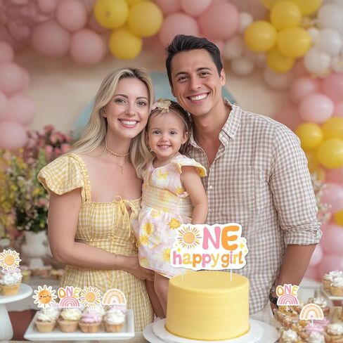 25Pcs One Happy Girl Cake Cupcake Toppers First Trip Around the Sun Decorations Rainbow Little Sunshine 1st Birthday Cake Decor Pink for Grils Groovy One Boho Sun Themed First Birthday Party Supplies in Saudi Arabia