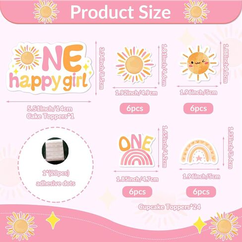 25Pcs One Happy Girl Cake Cupcake Toppers First Trip Around the Sun Decorations Rainbow Little Sunshine 1st Birthday Cake Decor Pink for Grils Groovy One Boho Sun Themed First Birthday Party Supplies in Saudi Arabia