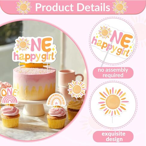 25Pcs One Happy Girl Cake Cupcake Toppers First Trip Around the Sun Decorations Rainbow Little Sunshine 1st Birthday Cake Decor Pink for Grils Groovy One Boho Sun Themed First Birthday Party Supplies in Saudi Arabia
