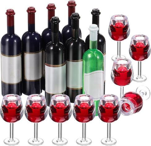 Garneck 18pcs Mini Red Wine Bottles & Glasses Set: 1/12 Tiny Cocktail Bottles Goblet Cups Model for Dollhouse Decoration Micro Photography Props Kitchen Accessories in Saudi Arabia