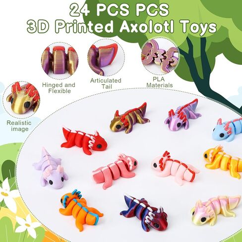 24 Pcs 3D Printed Axolotl Figures Flexible Articulated Small Animal for Fun Party Favors Classroom Rewards Desk Decor in Saudi Arabia