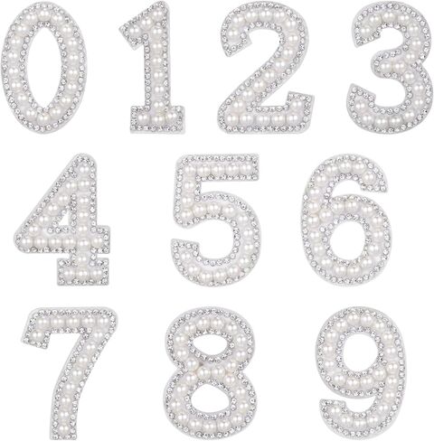 Sewroro 1 Set Pearl Rhinestone Number Patches, Iron On, DIY Clothing Decor, White 0-9, 1.81 x 1.25 Inch in Saudi Arabia