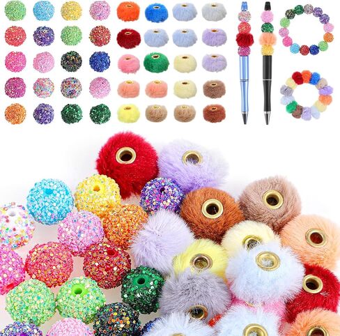 40PCS Beads for Beadable Pens, Mixed Color Fuzzy Beads and Rhinestone Bead for Pen, 16mm and 20mm Diameter for DIY Jewelry Making, Beadable Pens, Keychains, Lanyards and Crafts in Saudi Arabia