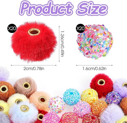 40PCS Beads for Beadable Pens, Mixed Color Fuzzy Beads and Rhinestone Bead for Pen, 16mm and 20mm Diameter for DIY Jewelry Making, Beadable Pens, Keychains, Lanyards and Crafts in Saudi Arabia