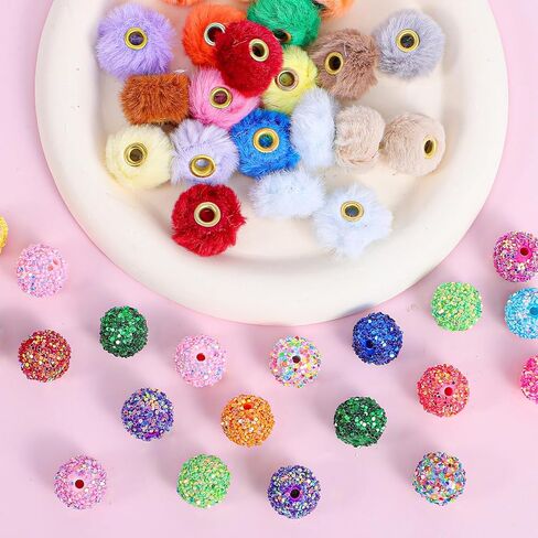 40PCS Beads for Beadable Pens, Mixed Color Fuzzy Beads and Rhinestone Bead for Pen, 16mm and 20mm Diameter for DIY Jewelry Making, Beadable Pens, Keychains, Lanyards and Crafts in Saudi Arabia