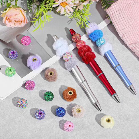 40PCS Beads for Beadable Pens, Mixed Color Fuzzy Beads and Rhinestone Bead for Pen, 16mm and 20mm Diameter for DIY Jewelry Making, Beadable Pens, Keychains, Lanyards and Crafts in Saudi Arabia