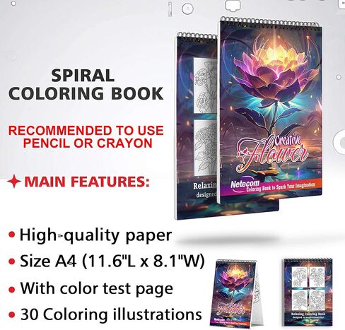 كتاب تلوين الزهور للبالغين من Netecom، غلاف ناعم حلزوني، 30 صفحة مفصلة لتصميم الزهور لتخفيف التوتر والاسترخاء in Kuwait