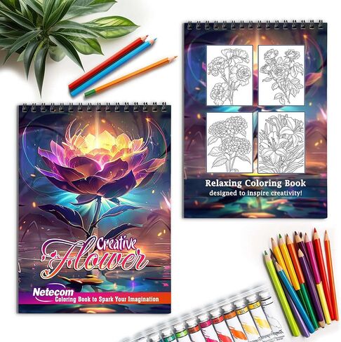 كتاب تلوين الزهور للبالغين من Netecom، غلاف ناعم حلزوني، 30 صفحة مفصلة لتصميم الزهور لتخفيف التوتر والاسترخاء in Kuwait