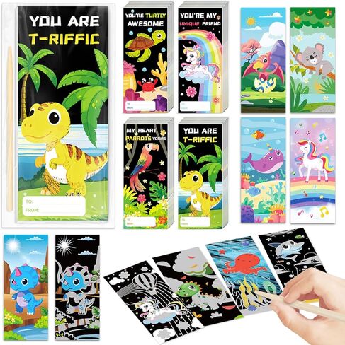 24 Packs Valentines Day Gifts for Kids with Scratch Art Books, Rainbow Scratch Art Paper Set, Ideal Kids Valentines Day Cards Classroom Exchange Prizes Supplies Party Favor in Saudi Arabia