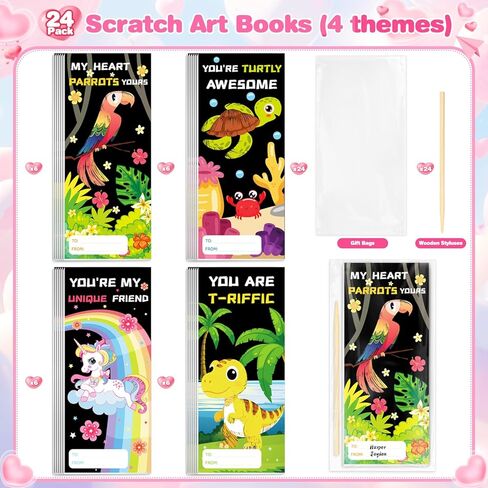 24 Packs Valentines Day Gifts for Kids with Scratch Art Books, Rainbow Scratch Art Paper Set, Ideal Kids Valentines Day Cards Classroom Exchange Prizes Supplies Party Favor in Saudi Arabia