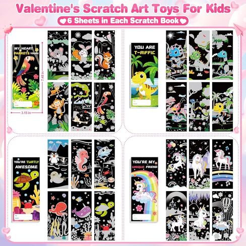 24 Packs Valentines Day Gifts for Kids with Scratch Art Books, Rainbow Scratch Art Paper Set, Ideal Kids Valentines Day Cards Classroom Exchange Prizes Supplies Party Favor in Saudi Arabia