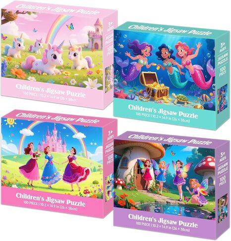 100 Piece Puzzles for Kids Ages 4-6 6-8 8-10, Unicorn Mermaid Fairy Princess Jigsaw Puzzles 100 Pieces Kids Puzzles Ages 3-5 4-6 5-8, Educational Learning Toys Gifts for Girls Boys 4-Pack 15"x10" in Saudi Arabia