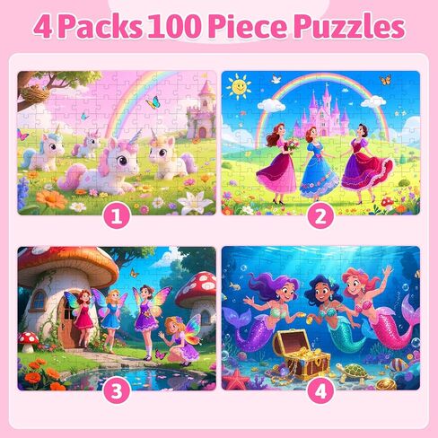 100 Piece Puzzles for Kids Ages 4-6 6-8 8-10, Unicorn Mermaid Fairy Princess Jigsaw Puzzles 100 Pieces Kids Puzzles Ages 3-5 4-6 5-8, Educational Learning Toys Gifts for Girls Boys 4-Pack 15"x10" in Saudi Arabia